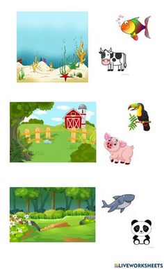 four different pictures with animals and birds in them, including an elephant, bird, cow,