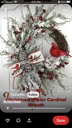 a christmas wreath with a cardinal sitting on top of it and the words winter cardin'd written below