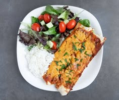 a white plate topped with meat, rice and salad