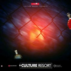 an advertisement for the culture resort featuring a bottle of red wine and a clock on a chain link fence