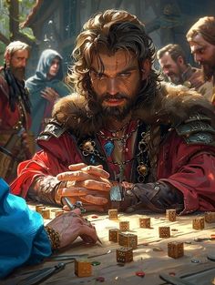 a man in medieval clothing is playing with dices on a table while others look on