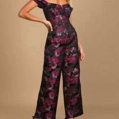 Brand New - Never Worn With Tags! Size S Https://Www.Lulus.Com/Products/New-Glam-Black-Floral-Jacquard-Bustier-Off-The-Shoulder-Jumpsuit/1611276.Html Purple Fitted Jumpsuits And Rompers For Formal Occasions, Fitted Purple Jumpsuits And Rompers For Formal Occasions, Fitted Purple Jumpsuit For Formal Occasions, Elegant Floral Print Jumpsuits And Rompers For Night Out, Lulus Jumpsuit, Burgundy Jumpsuit, Lulu Pants, Backless Romper, Boho Jumpsuit