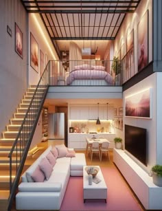 a living room filled with furniture next to a stair case in a loft style home