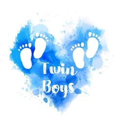 blue watercolor background with footprints and the words twin boys on it, in front of a