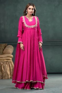 Rani pink kalli anarkali with placement mirror lace and sequins, pearl hand embroidery. Paired with a sharara with mirror lace on hem and an embroidered matching dupatta with scallop border. - Aza Fashions Mirror Lace, Pink Anarkali, Scallop Border, Rani Pink, Pink Mirror, Sharara Set, Set For Women, Anarkali, Aza Fashion