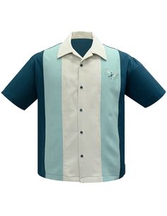 Shop Atomic Mad Men Bowling Shirt in Teal/Mint/Stone Online | Steady Clothing Flare Jeans Shoes, Vintage Bowling Shirts, Disco Fashion, Stone Panels, Bowling Shirt, Button Down Shirt Mens, Vintage Inspired Outfits, Vintage Mode, Men's Button Down Shirt