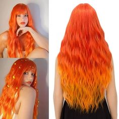 RightOn 27" Ombre Orange Wig Long Curly Orange Wig with Bangs Women Girls Synthetic Wig Flame Hair Cosplay Costume Wig with Wig Cap. About this item: -1.Rose net cap, more breathable and ajustable. You can adjust the cap size by the pin and hook on the back. -2.Our wig is made from the premium synthetic fiber, the heat resistant up to 150c/302f. Can be curled or flat ironed to any style you loved. -3.This is a synthetic fiber wig, please wash it with the shampoo the first time wearing. The baby Fire Ombré Wig, Fantasy Hair Wigs & Extensions, Fire Wig, Flame Hair, Orange Wig, Redhead Makeup, Waist Length Hair, Natural Looking Wigs, Spiral Curls