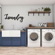 a laundry room with washer and dryer next to a brick wall that says, do laundry or naked tomorrow