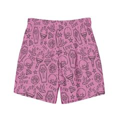 Make a bold statement at the beach or pool with Goth Cloth Co.'s Punk Tattoo Swim Trunks. Featuring a classic tattoo pattern of skulls, diamonds, coffins, torches, and birds against a pink background, these trunks offer a rebellious twist on summer style, perfect for gothic, punk, and alt fashion lovers. Key Features: Four-way stretch fabric: Water-repellent microfiber made from 91% recycled polyester, 9% spandex. Anti-chafe liner: Silky 92% polyester, 8% spandex inner liner for all-day comfort.