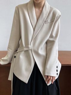 Long Sleeves Loose Asymmetric Buttoned Pockets Solid Color Tied V-Neck Blazer Outerwear BEIGE-L Belted Blazer, Collar Designs, Fashion Seasons, Workout Jacket, Colored Blazer, Mandarin Collar, Blazers For Women, Jacket Style, Urban Fashion