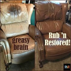 two different chairs with words on them and one has a brown leather reclining chair