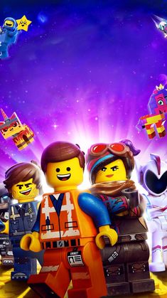 the lego movie poster is shown with characters in front of an image of space and stars