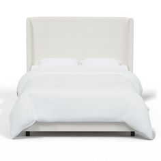 a bed with white linens and pillows on it's headboard, against a white background