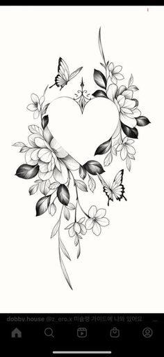 a heart shaped frame with flowers and butterflies on the side, in black and white