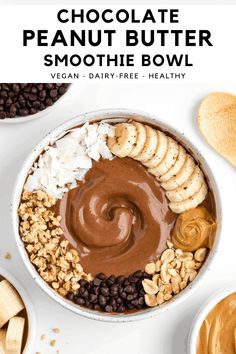 chocolate peanut butter smoothie bowl with banana slices and peanuts