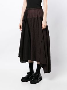 Find ZIGGY CHEN Asymmetric Long Skirt on Editorialist. coffee brown/black virgin wool/cotton blend/linen blend patchwork design pleat detailing concealed side zip fastening asymmetric hem Brown Asymmetrical Hem Skirt For Fall, Fall Brown Skirt With Asymmetrical Hem, Side Zip, Patchwork Designs, Asymmetric Hem, Long Skirt, Linen Blend, Top Brands, Cotton Blend