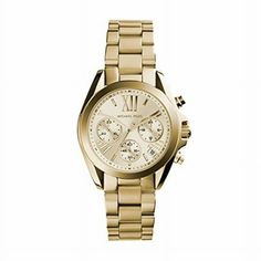 Michael Kors Bradshaw MidSize Chronograph Gold Tone Stainless Steel Case and Bracelet Gold Tone Dial Date Display Women Beautiful and Classy Michael Kors Watches. Elegant gold tone stainless steel midsize case measures 38mm wide by 13mm thick SKU: Size: One Size.  Gender: female.  Age Group: adult. Michael Kors Bradshaw Watch, Rose Gold Watches, Buy Watches, Unisex Watches, Rose Gold Watch, Women's Watch, Stainless Steel Band, Stainless Steel Watch, Roman Numerals