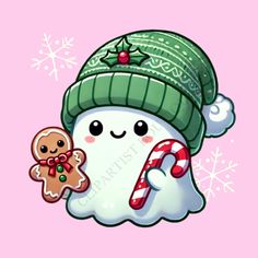 a snowman holding a candy cane and a gingerbread