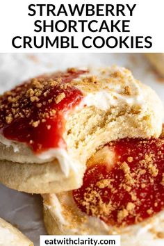 strawberry shortcakes with whipped cream and crumbled sugar on top are shown