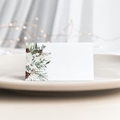 a white plate with a place card on it next to a christmas tree branch and pine cones