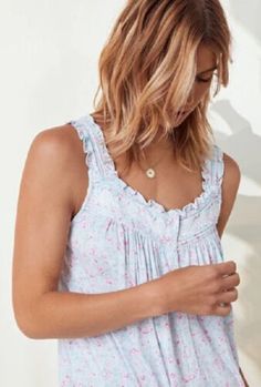 New Eileen West Aqua Floral ROSES Modal Knit Ultra SOFT Nightgown Chemise $68 M | eBay Summer Sleeveless Nightgown, Spring Sleeveless Nightgown For Overnight, Spring Sleeveless Nightgown, Sleeveless Nightgown, Eileen West, Knit Shorts, Pin Tucks, Rose Print, Pink Rose