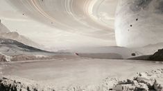 an artist's rendering of a landscape with mountains and planets in the background