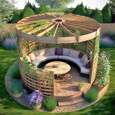 an outdoor living area with a wooden gazebo