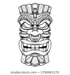 a tiki mask drawn in black and white