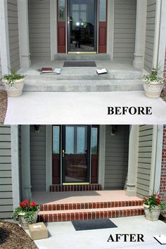 before and after photos of a front porch with steps leading up to the entry door