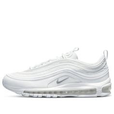 Looking for a clean and classic sneaker? Look no further than the Nike Air Max 97 'Triple White.' This sneaker features white leather and meshes upper with Wolf Grey accents. The full-length white Air Max unit provides ultra-comfortable cushioning, making this sneaker perfect for everyday wear. Released in August of 2017, the Nike Air Max 97 'Triple White' is a must-have for any sneaker collection. (SNKR/Unisex/Low Top/Breathable/Wear-resistant) 97s Nike, Nike Air Max 97 Women, All Black Nikes, Nike Air Max Thea, Sneakers Looks, Air Max Shoes, Nike Sneakers Women, Womens Golf Shoes, Cross Training Shoes