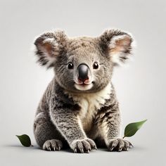 a small koala sitting on top of a white floor next to a green leaf