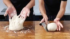 two hands are kneading dough on a wooden table