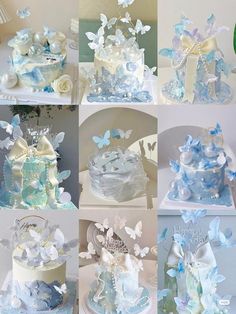 a collage of different cakes decorated with blue and white flowers, butterflies and ribbons