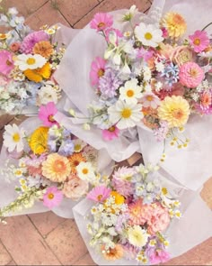 a bunch of flowers that are laying on the ground next to each other in different colors