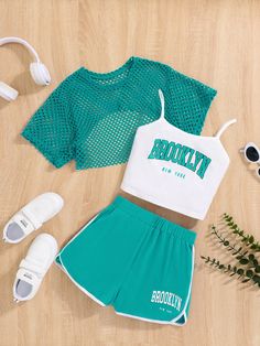 SHEIN Teen Girl Letter Graphic Cami Top & Shorts & Mesh Top | SHEIN USA Super Crop Top, Cute Outfits With Shorts, Adrette Outfits, Mesh Tops, Casual Preppy Outfits, Quick Outfits