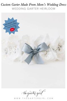 Where to find custom designer wedding garter. How to repurpose mom's wedding dress. Something blue bridal accessory. Custom bridal garter made with lace, pearls & tulle from bride's mom's wedding dress. Shop The Garter Girl's handmade wedding garters, bridal accessories, wedding heirlooms, bridal garters, ring bearer pillows, wedding day emergency kits, handkerchiefs & sentimental wedding heirlooms with gift box & keepsake bag. Brides love our free wedding planning advice & dream wedding ideas! Garter Lace, Wedding Dress Shop