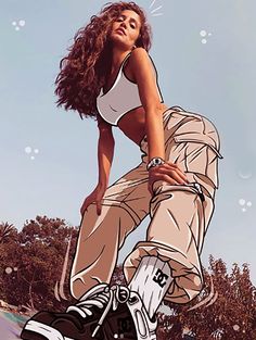 a woman in white shirt and tan pants jumping on skateboard