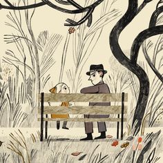 a drawing of a man sitting on a bench with a dog in the woods behind him