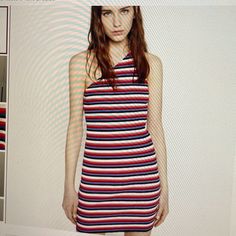 Striped Dress With White, Black, Red, Coral And Blue Nwt Ribbed Knit Size Small Casual Stretch One-shoulder Mini Dress, Casual Red One-shoulder Mini Dress, Casual Striped Stretch Mini Dress, Zara Casual Mini Dress Stretch, Zara Casual Bodycon Mini Dress, Asymmetrical Black Dress, Coral And Blue, Zara Black Dress, Gathered Dress