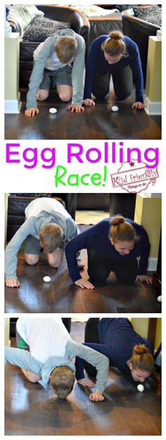 two people on the floor playing with an egg rolling race and another person standing over it