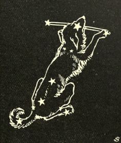 a black and white drawing of a dog with stars on it's back