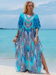 Multicolor  Collar Half Sleeve Fabric Tribal  Embellished Non-Stretch  Women Clothing Maxi Dress V Neck, Bohemian Beach Dress, Robe Women, Kaftan Maxi Dress, Beachwear Collection, Printed Robe, Boho Mini Dress, Oversized Dress, Vestidos Vintage