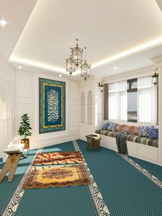 a living room filled with furniture and rugs