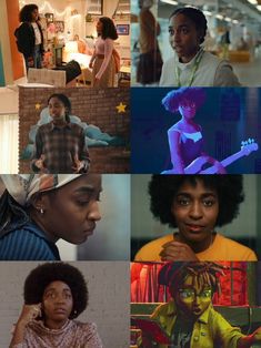 the collage shows four different people in various poses, including one woman with an afro