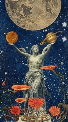 the statue is surrounded by flowers and planets in front of a blue sky with stars