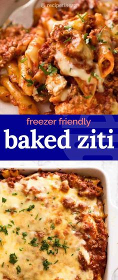 baked ziti in a casserole dish with fresh parmesan cheese