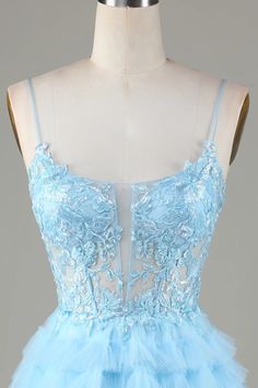 Blue Glitter A Line Cute Homecoming Dress with Appliques Prom Dresses Corset, Sky Blue Prom Dress, Black Lace Formal Dress, Black Lace Evening Dress, Cute Cocktail Dresses, Tiered Prom Dress, Red Lace Prom Dress, Burgundy Homecoming Dresses, Lovely Partner