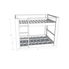 a drawing of a bunk bed frame with drawers and shelves on the bottom half side