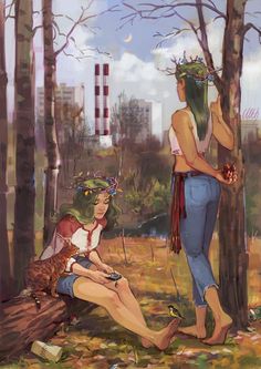 two women are sitting in the woods and one is holding a flower crown on her head