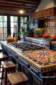 a kitchen with wooden stools and colorful tile counter tops